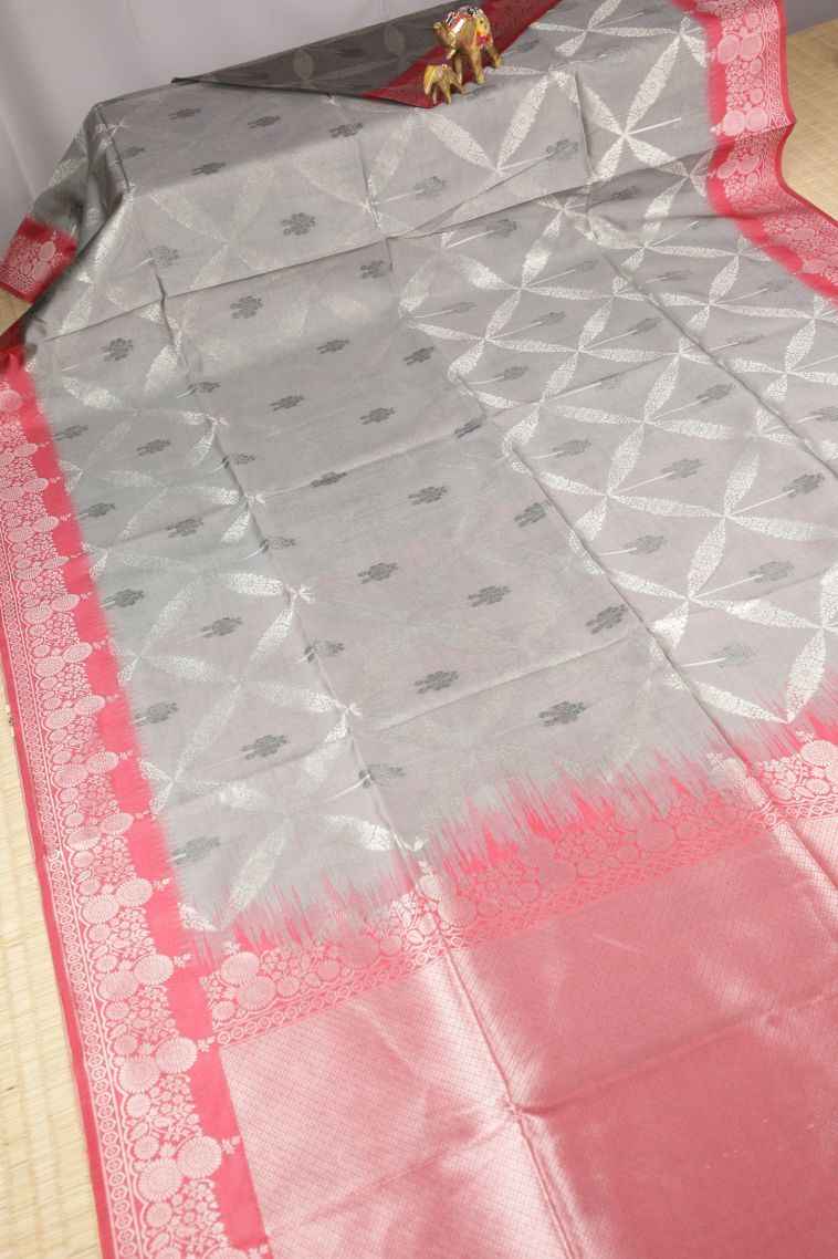 Gray Black Tussar Saree with Silver Zari Floral Patterns view 2