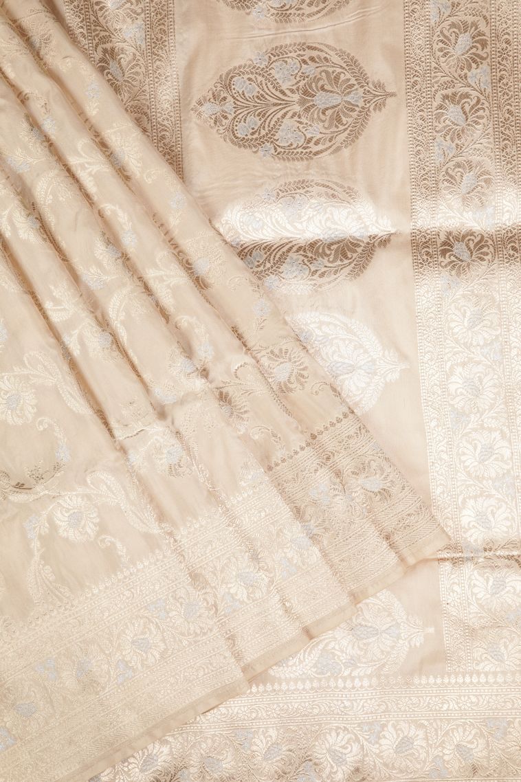 Cream White Banaras Silk Saree with Gold Zari Floral Patterns view 1