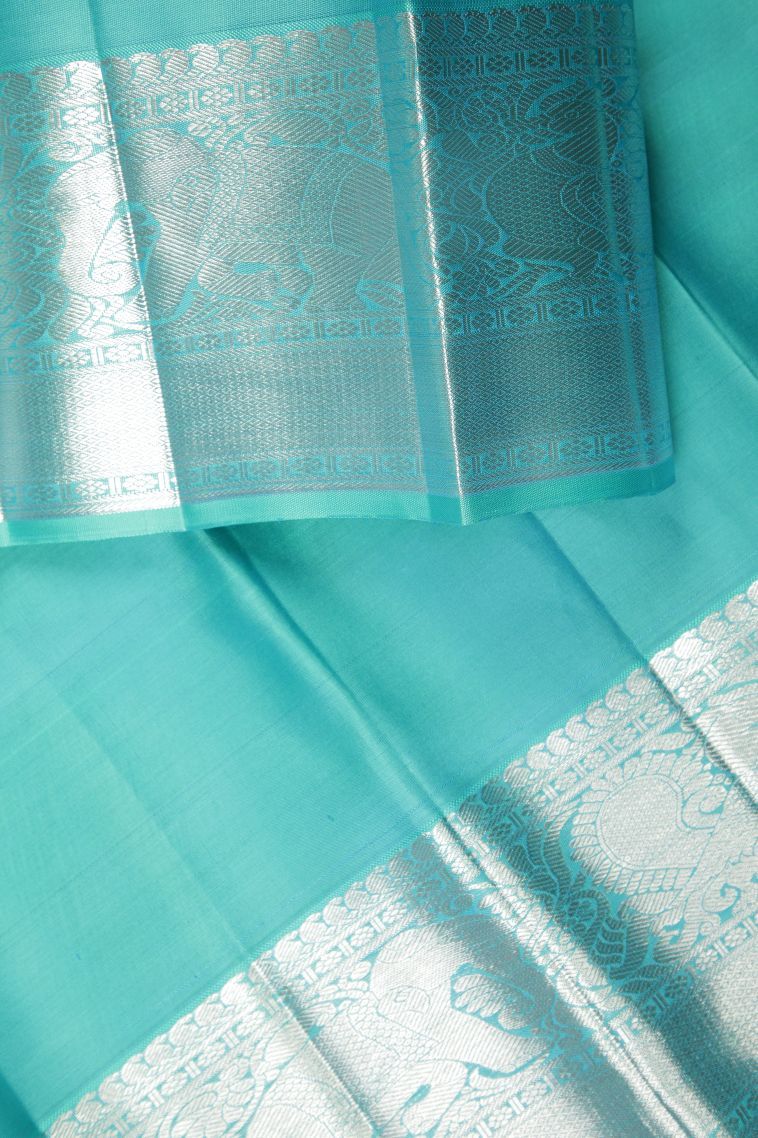 Arctic Blue Kanchipuram Silk Sarees with Silver Zari Floral Patterns view 3