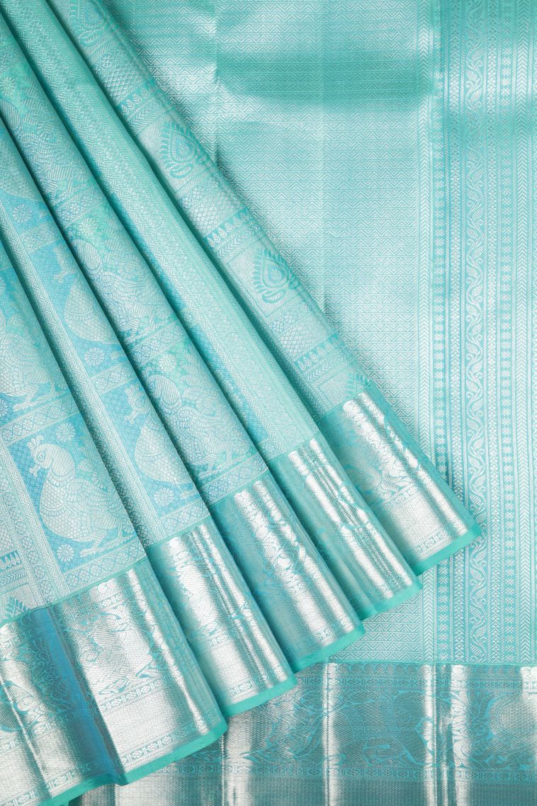 Arctic Blue Kanchipuram Silk Sarees with Silver Zari Floral Patterns view 1