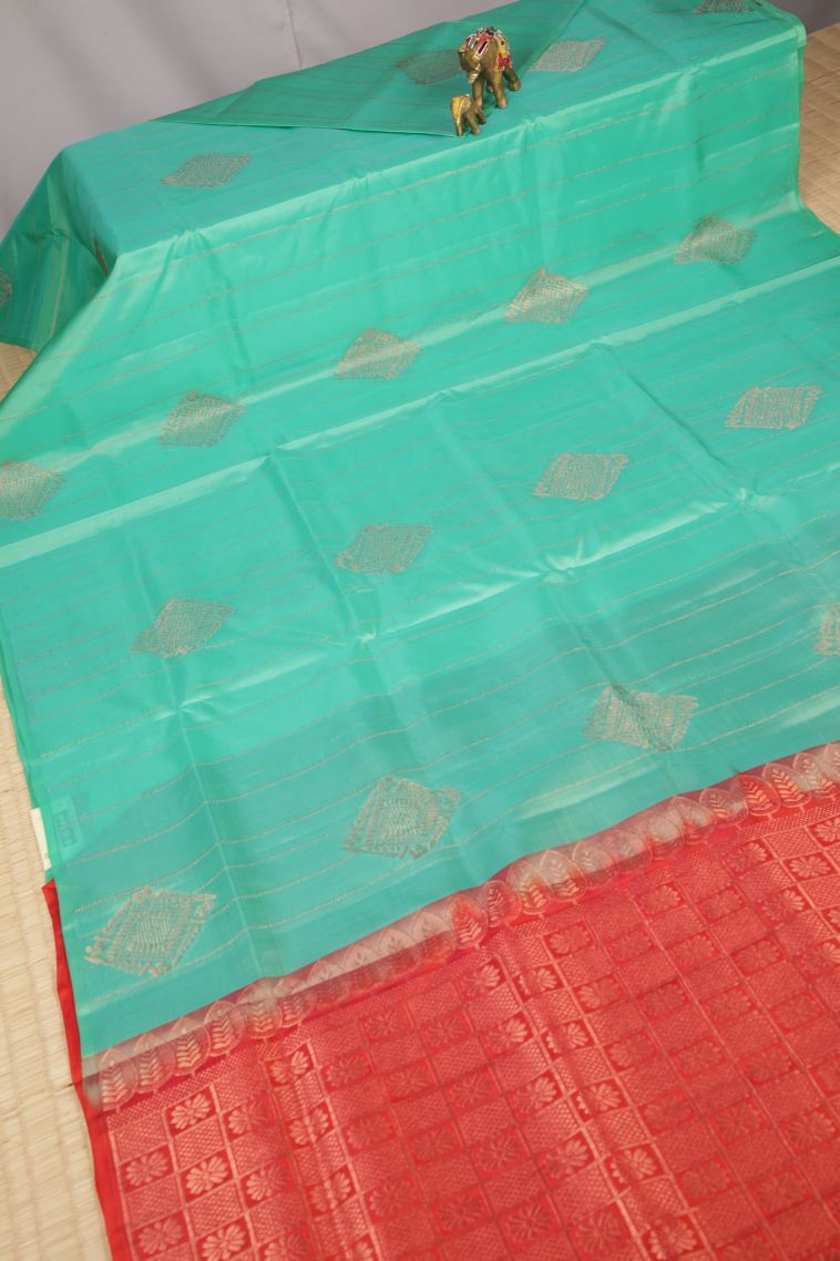 Sapphire Blue Soft Silk Saree with Copper Zari Stripes view 2