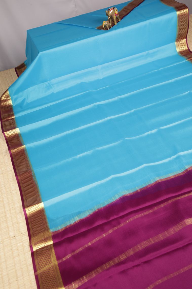 Arctic Blue Mysore Silk with Without Zari Zari Plain view 2