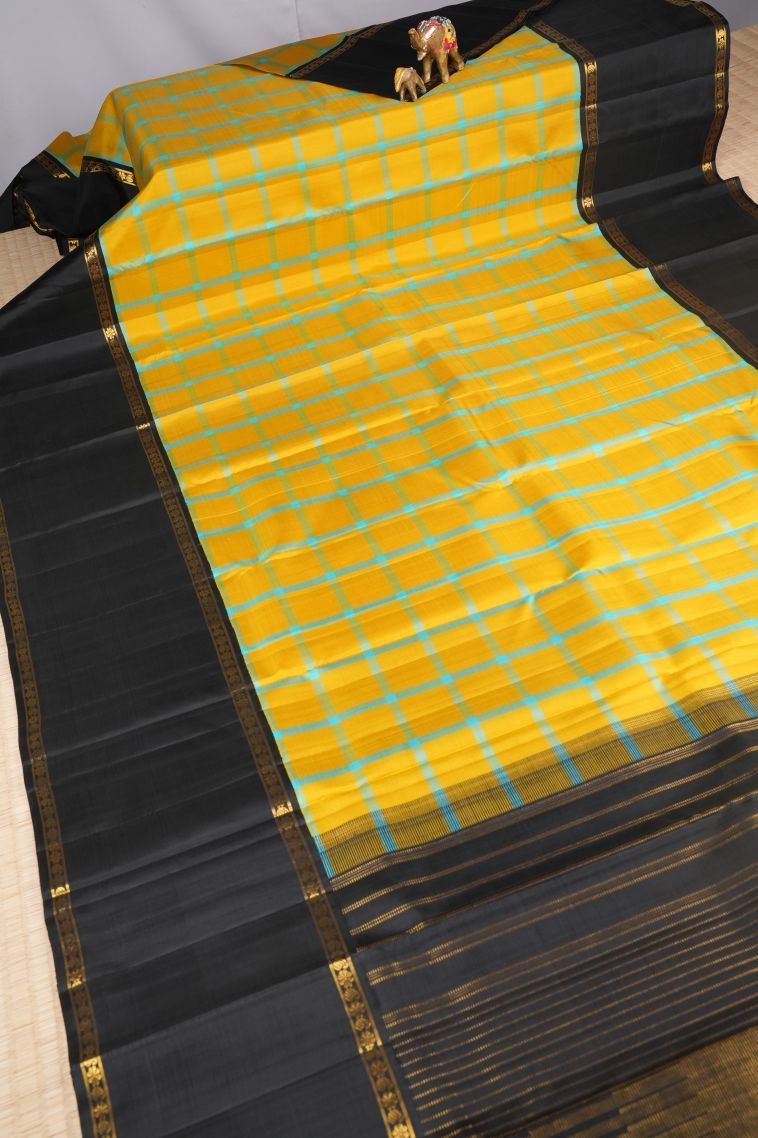 Lemon Yellow Kanchipuram Silk Sarees with Without Zari Zari Checks view 2
