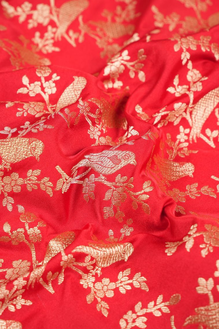 Rose  Red Banaras Sarees with Gold Zari Floral Patterns view 4