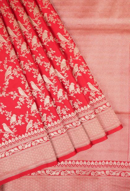 Rose  Red Banaras Sarees with Gold Zari Floral Patterns