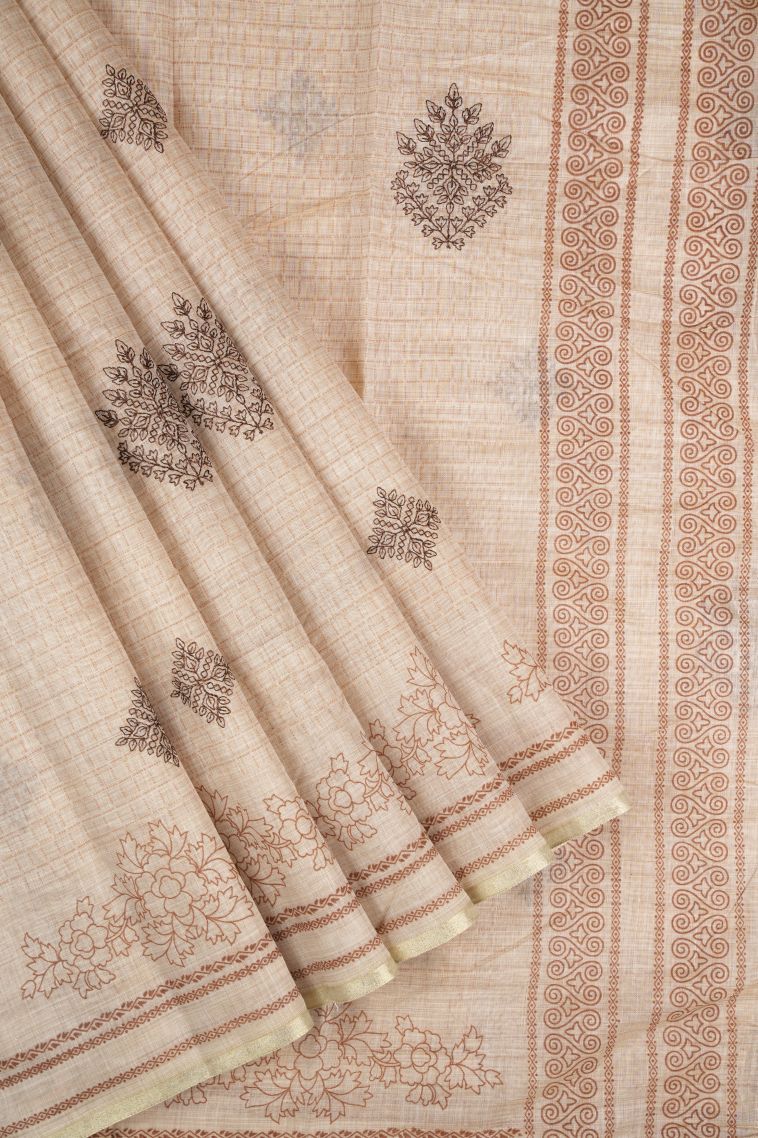 Cream White Tussar Saree with Without Zari Zari Buttis (small Dots Or Motifs) view 1