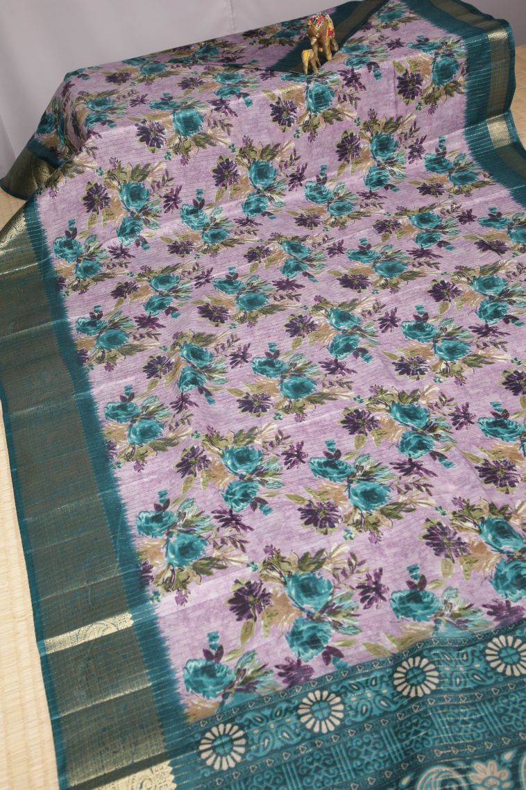 Periwinkle Purple Tussar Saree with Without Zari Zari Floral Patterns view 2