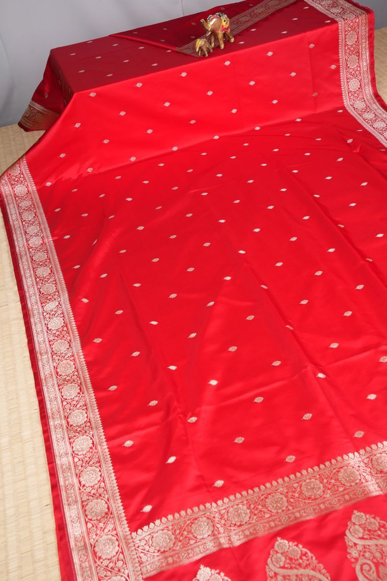 Mahome Red Banaras Sarees with Silver Zari Buttis (small Dots Or Motifs) view 2