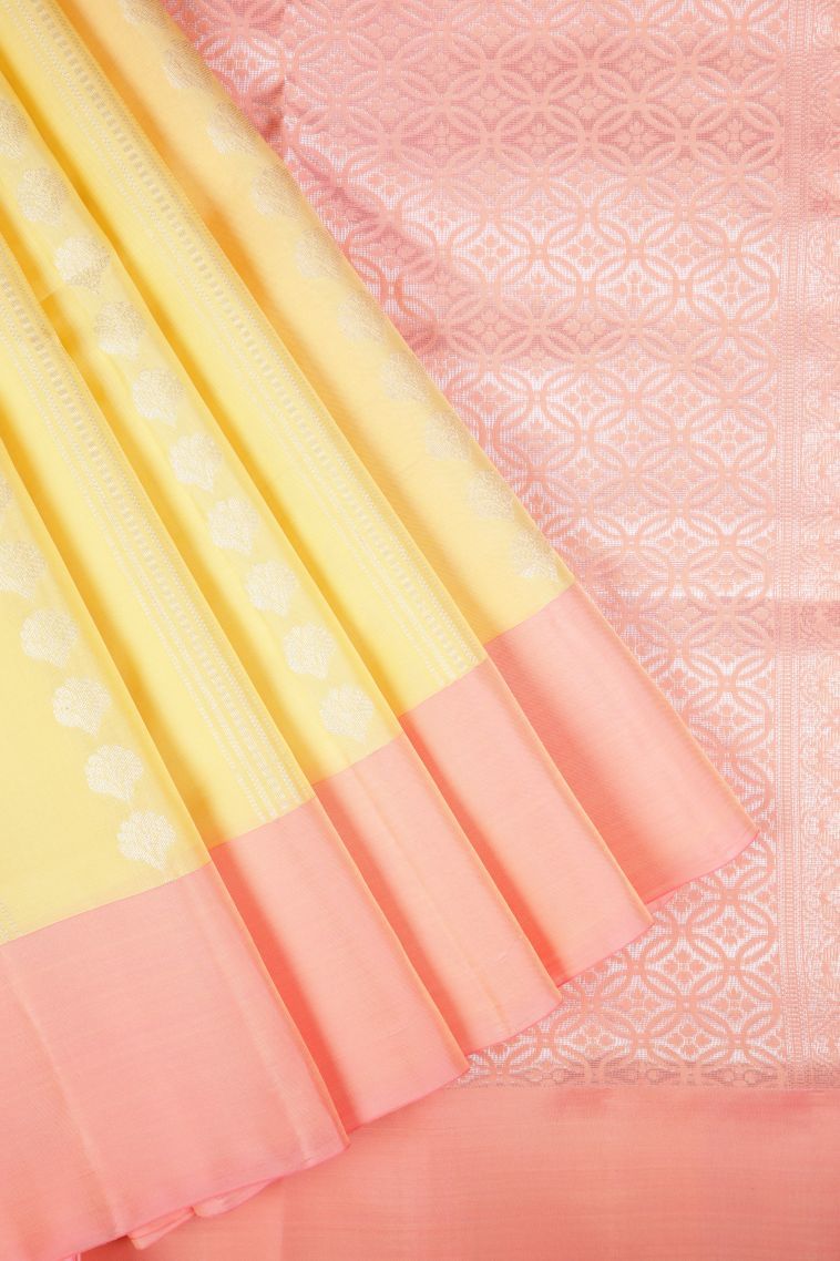 Shortbread Yellow Soft Silk Saree with Silver Zari Stripes view 1