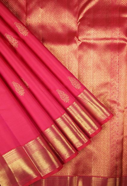 Strawberry Pink Kanchipuram Silk Sarees with Gold Zari Buttis (small Dots Or Motifs)