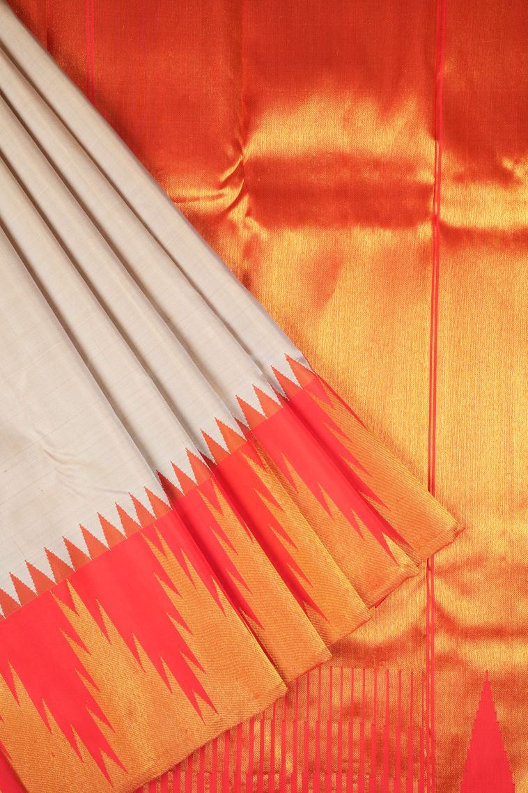 Cream White Kanchipuram Silk Sarees with Gold Zari Plain view 1