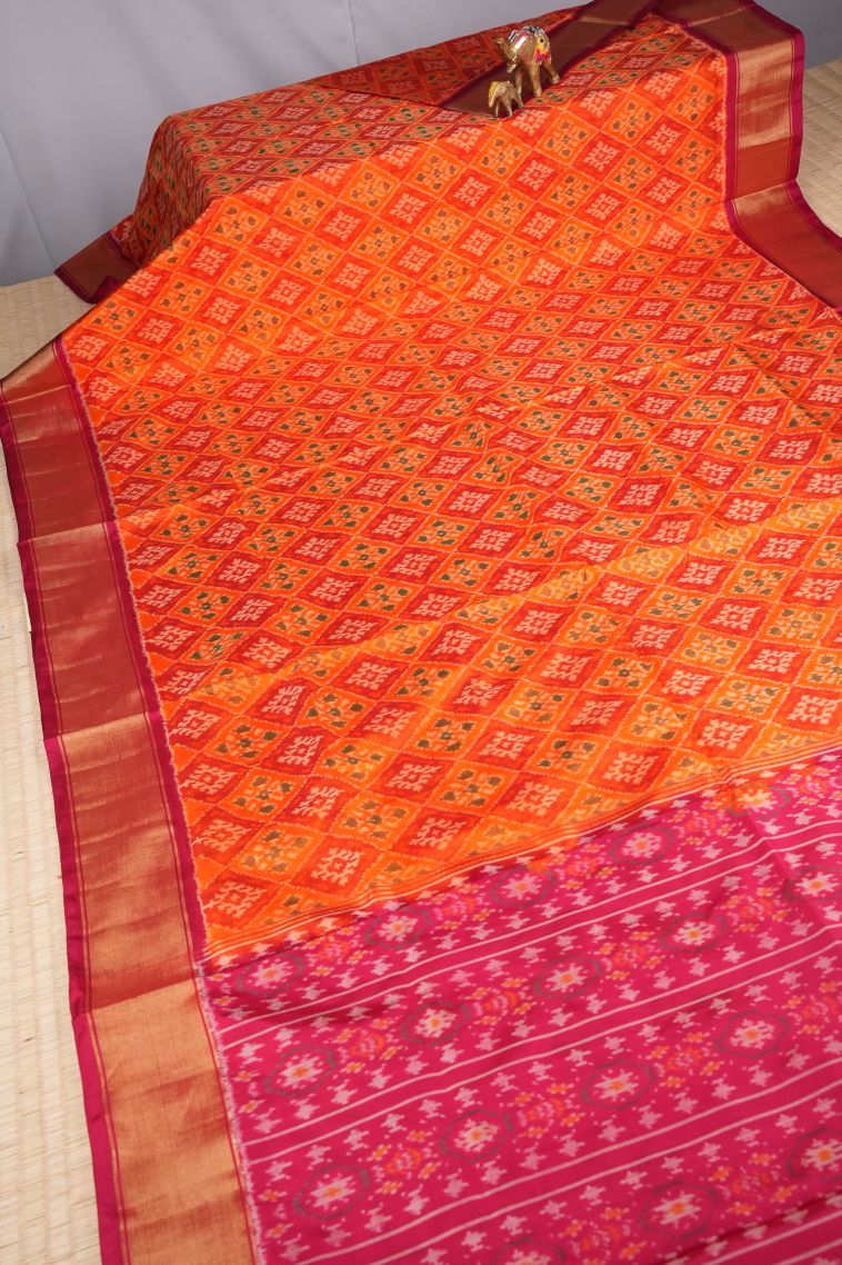 Tiger Orange Ikkat Silk with Without Zari Zari Geometric Shapes view 2
