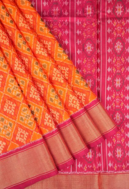 Tiger Orange Ikkat Silk with Without Zari Zari Geometric Shapes