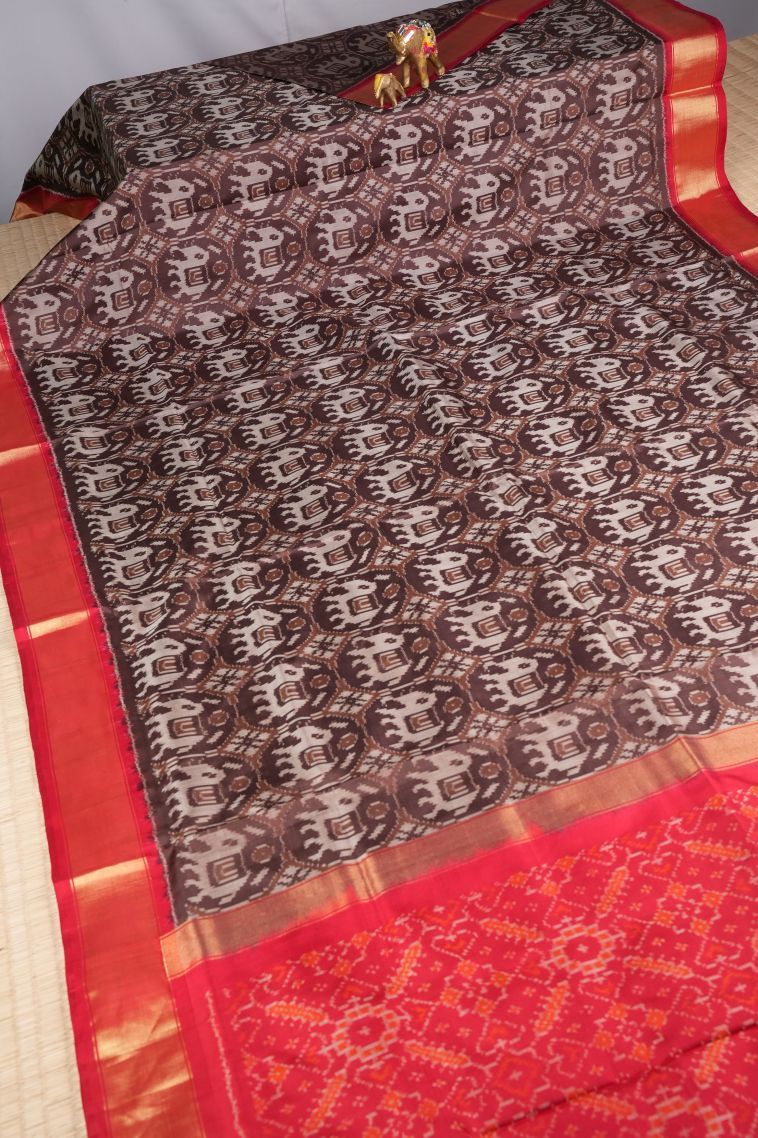 Caramel Brown Ikkat Silk with Without Zari Zari Geometric Shapes view 2