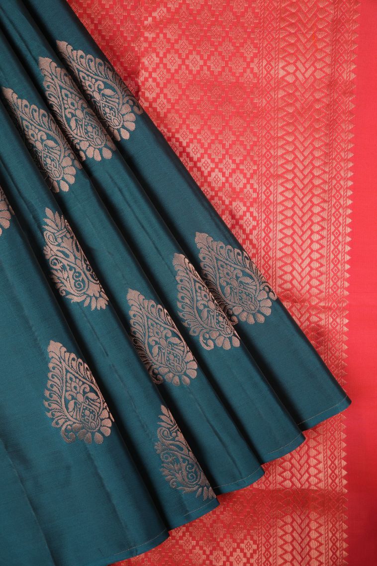 Aegean Blue Soft Silk Saree with Copper Zari Buttis (small Dots Or Motifs) view 1