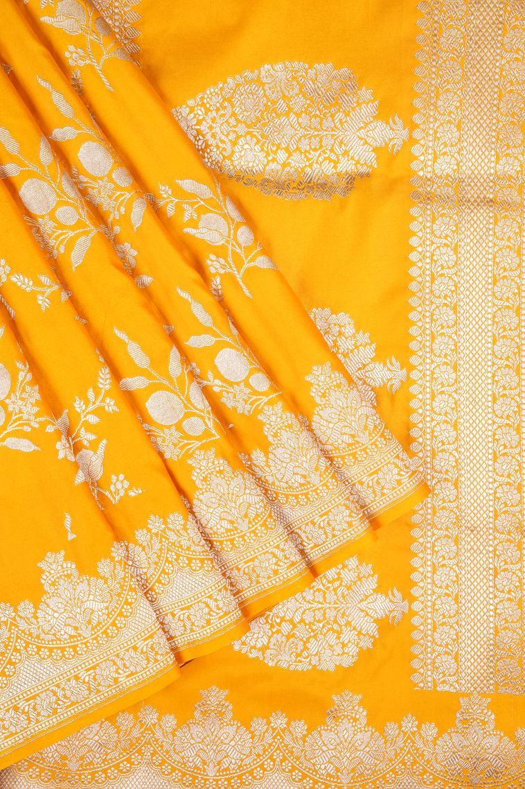 Lemon Yellow Banaras Sarees with Silver Zari Floral Patterns view 1
