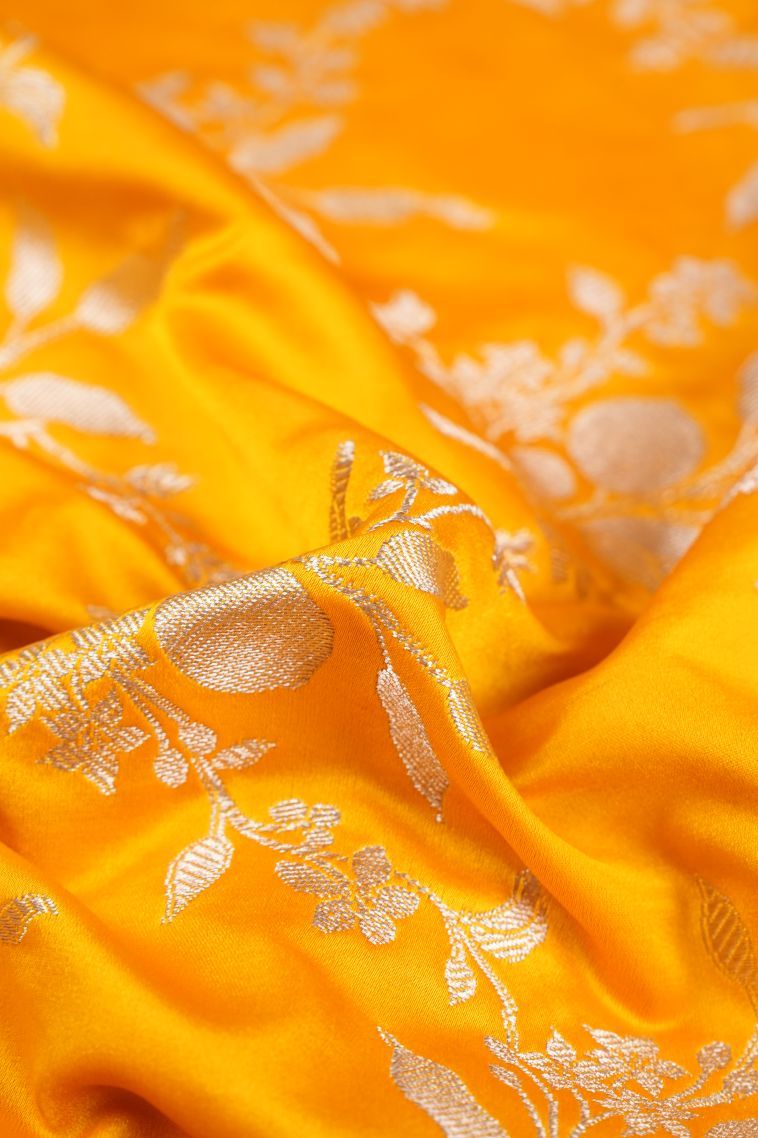 Lemon Yellow Banaras Sarees with Silver Zari Floral Patterns view 4