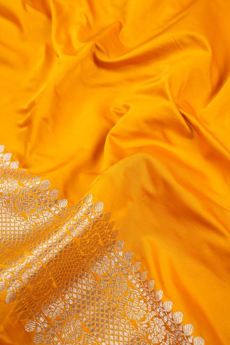 Lemon Yellow Banaras Sarees with Silver Zari Floral Patterns view 3