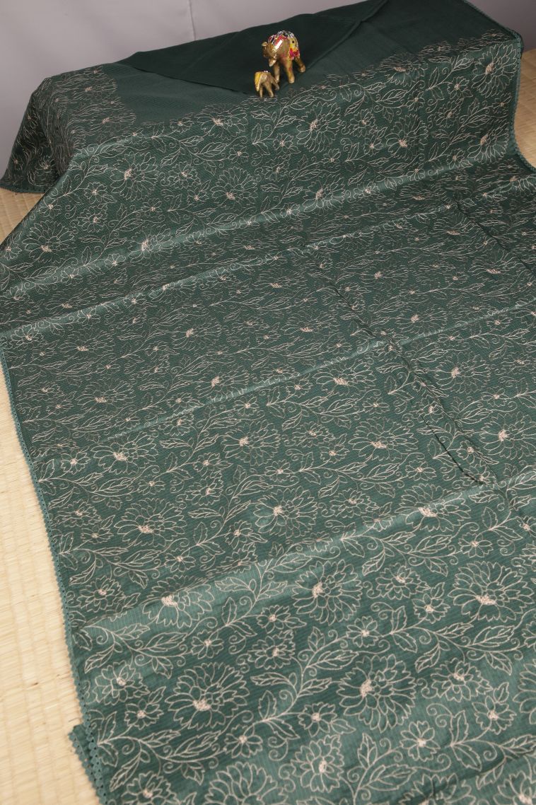 Teal Blue Organza Saree with Without Zari Zari Floral Patterns view 2