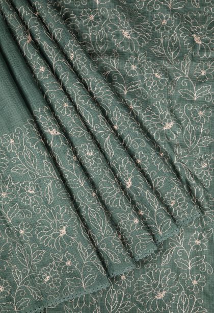 Teal Blue Organza Saree with Without Zari Zari Floral Patterns