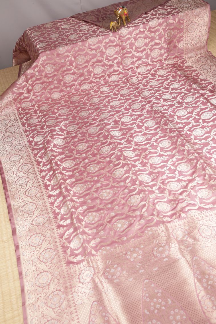 Crepe Pink Banaras Silk Saree with Gold Zari Floral Patterns view 2