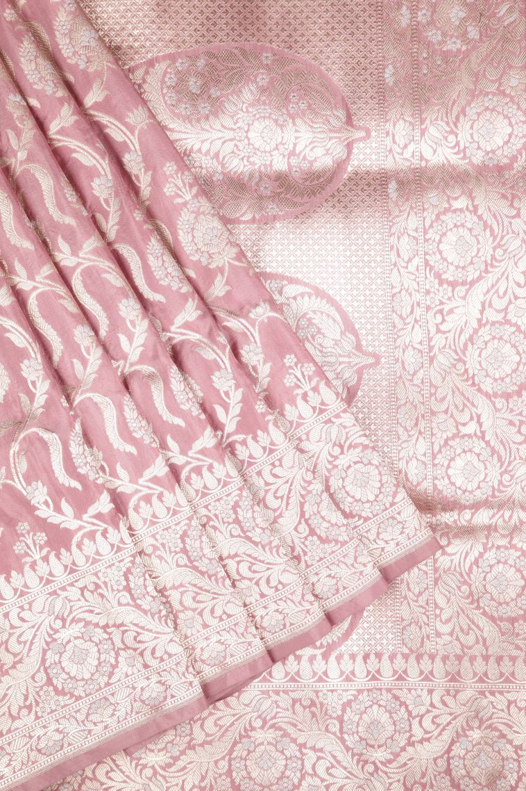Crepe Pink Banaras Silk Saree with Gold Zari Floral Patterns view 1