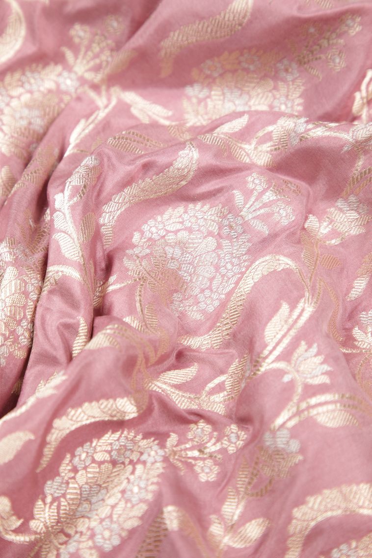 Crepe Pink Banaras Silk Saree with Gold Zari Floral Patterns view 4