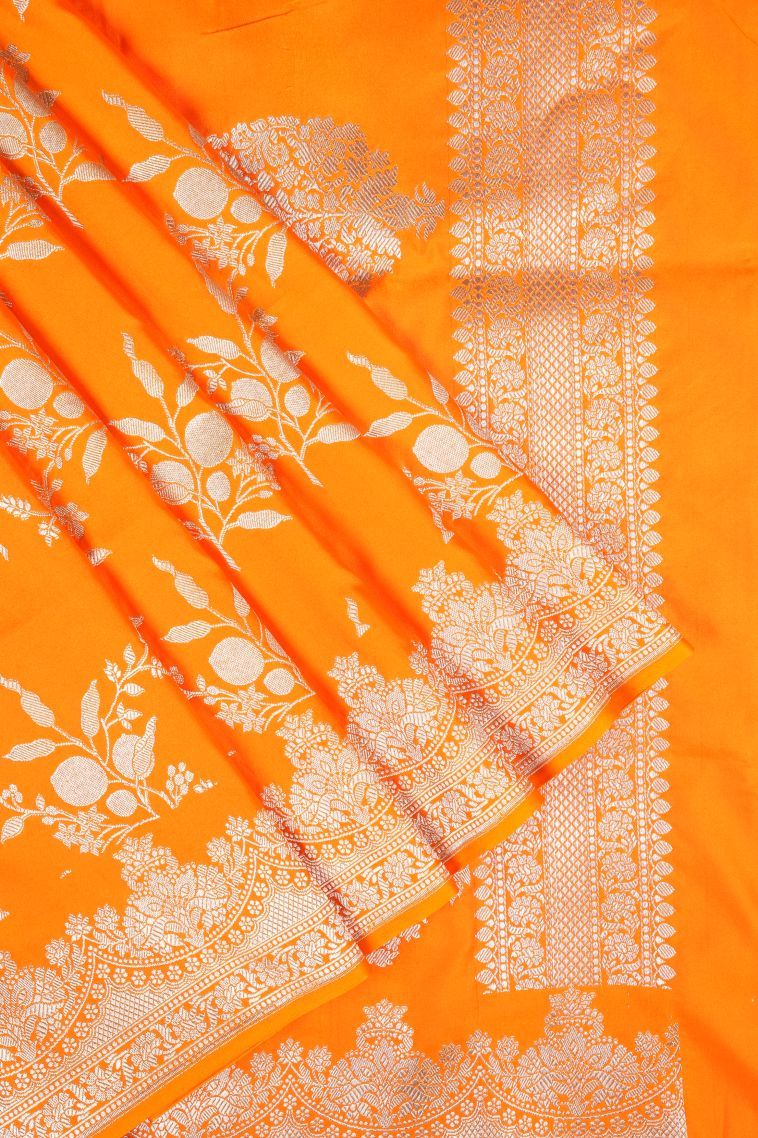 Candy Orange Banaras Sarees with Silver Zari Floral Patterns view 1