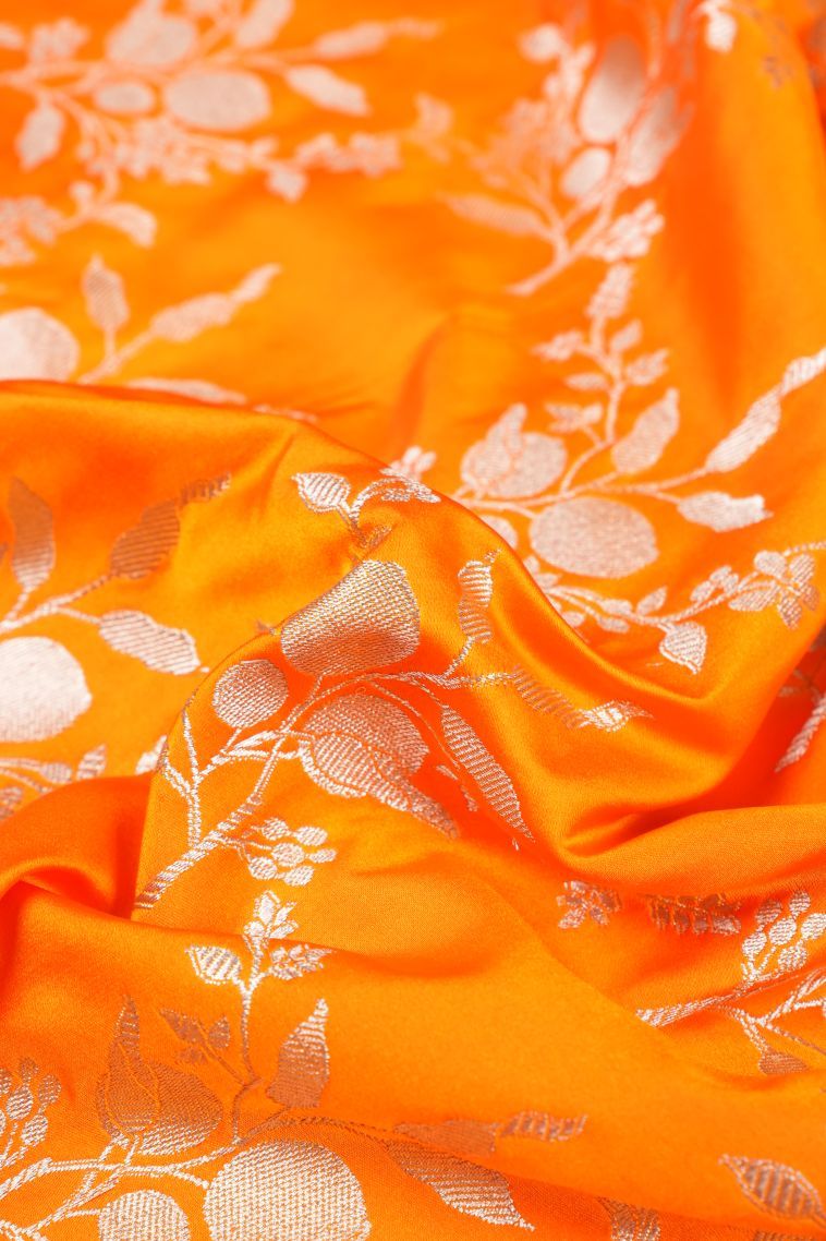 Candy Orange Banaras Sarees with Silver Zari Floral Patterns view 4