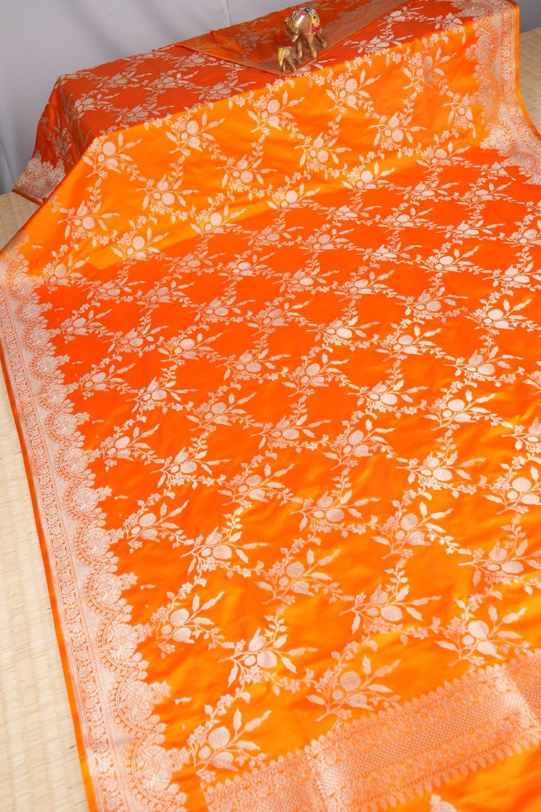 Candy Orange Banaras Sarees with Silver Zari Floral Patterns view 2