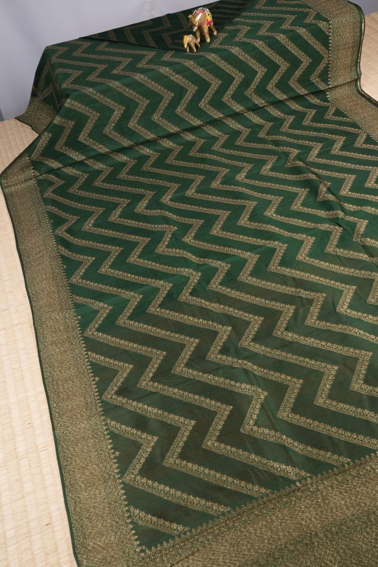 Basil Green Banaras Sarees with Gold Zari Geometric Shapes view 2