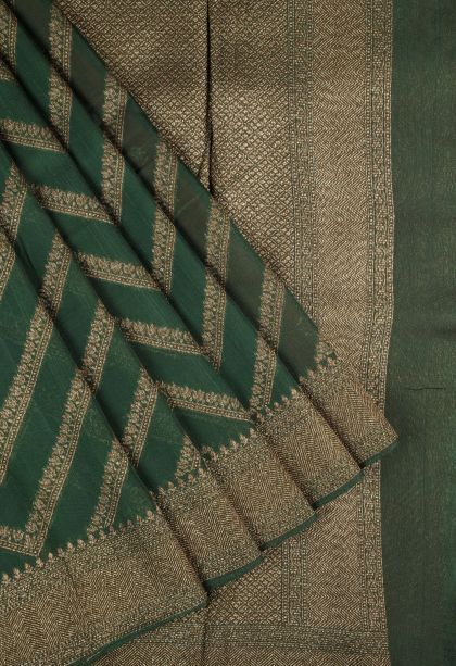 Basil Green Banaras Sarees with Gold Zari Geometric Shapes