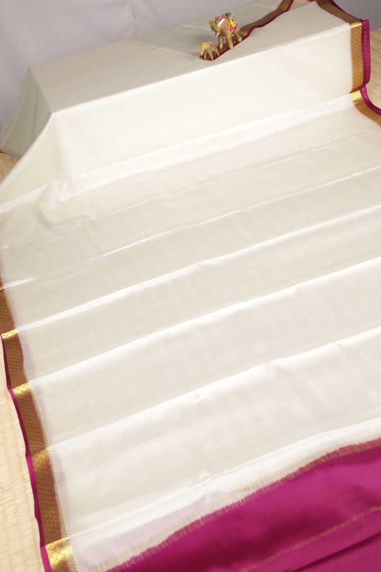 Alabaster White Mysore Silk with Without Zari Zari Plain view 2