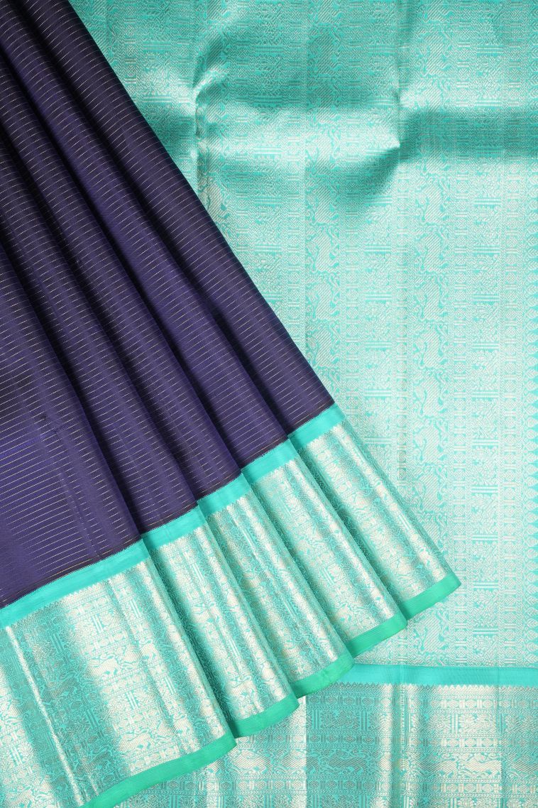 Berry Blue Kanchipuram Silk Sarees with Gold Zari Stripes view 1