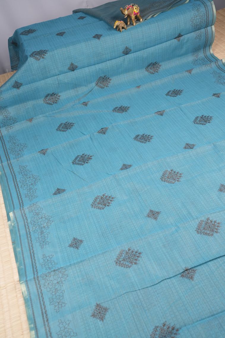 Cerulean Blue Tussar Saree with Without Zari Zari Buttis (small Dots Or Motifs) view 2