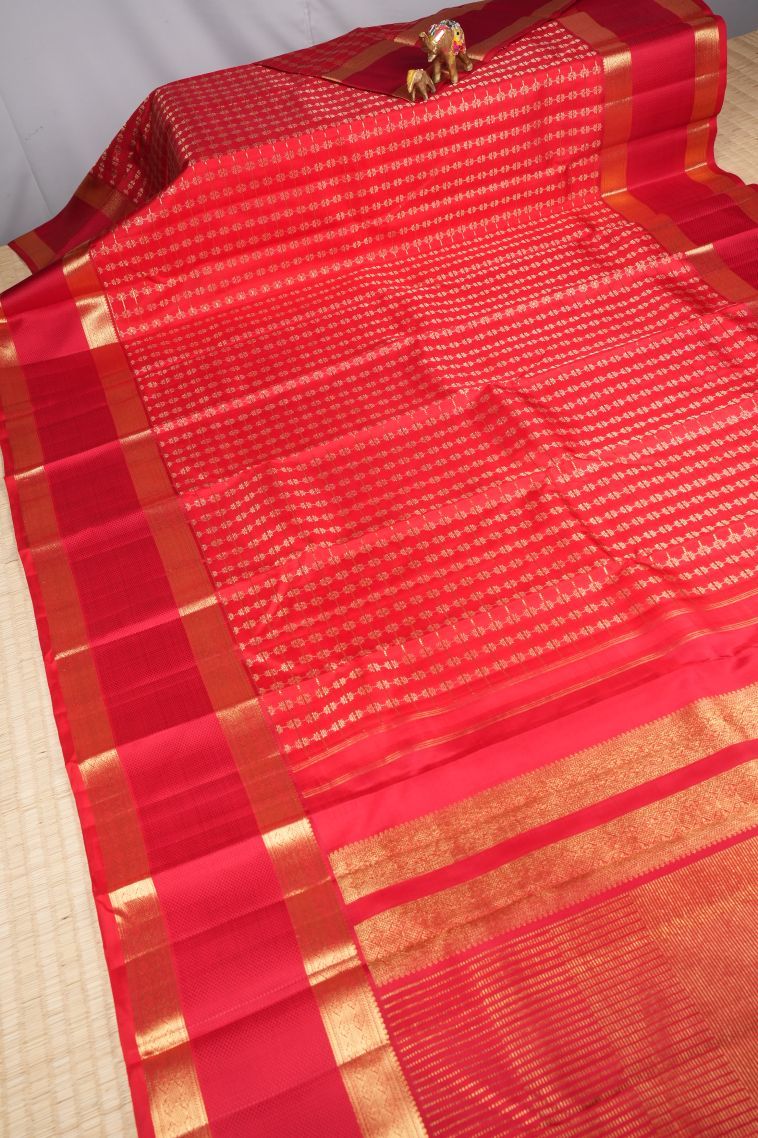 Candy Red Kanchipuram Silk Sarees with Gold Zari Buttis (small Dots Or Motifs) view 2
