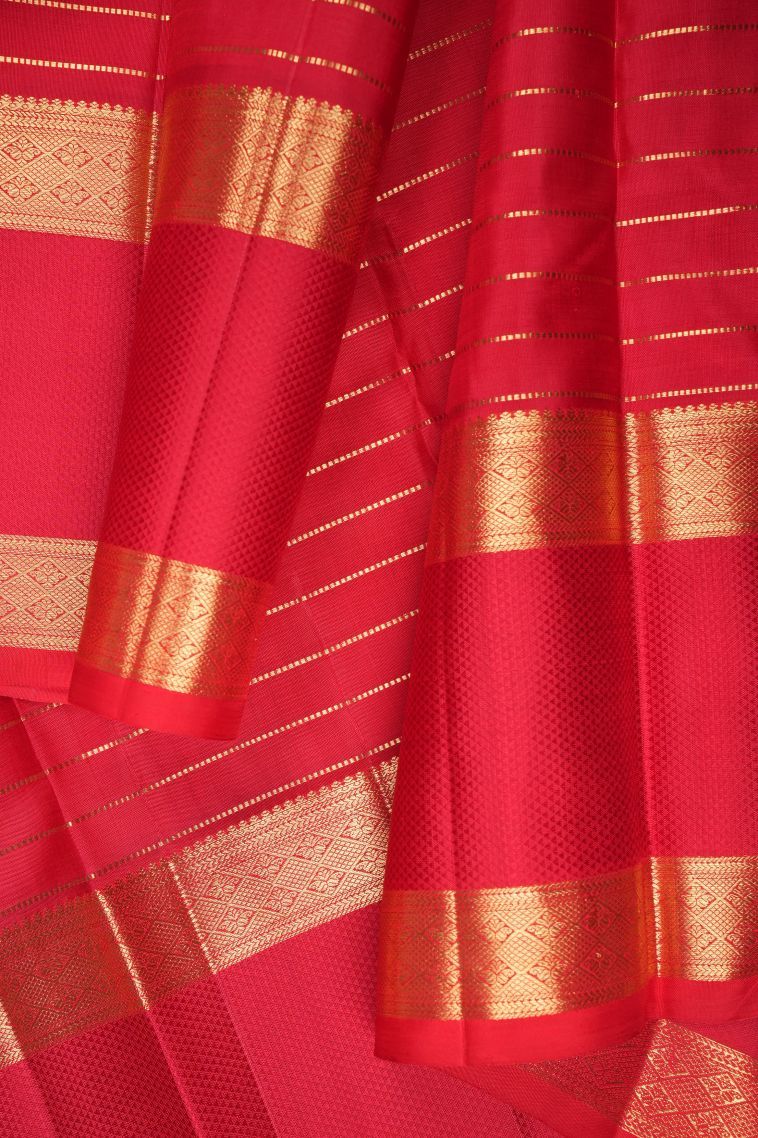 Candy Red Kanchipuram Silk Sarees with Gold Zari Buttis (small Dots Or Motifs) view 3
