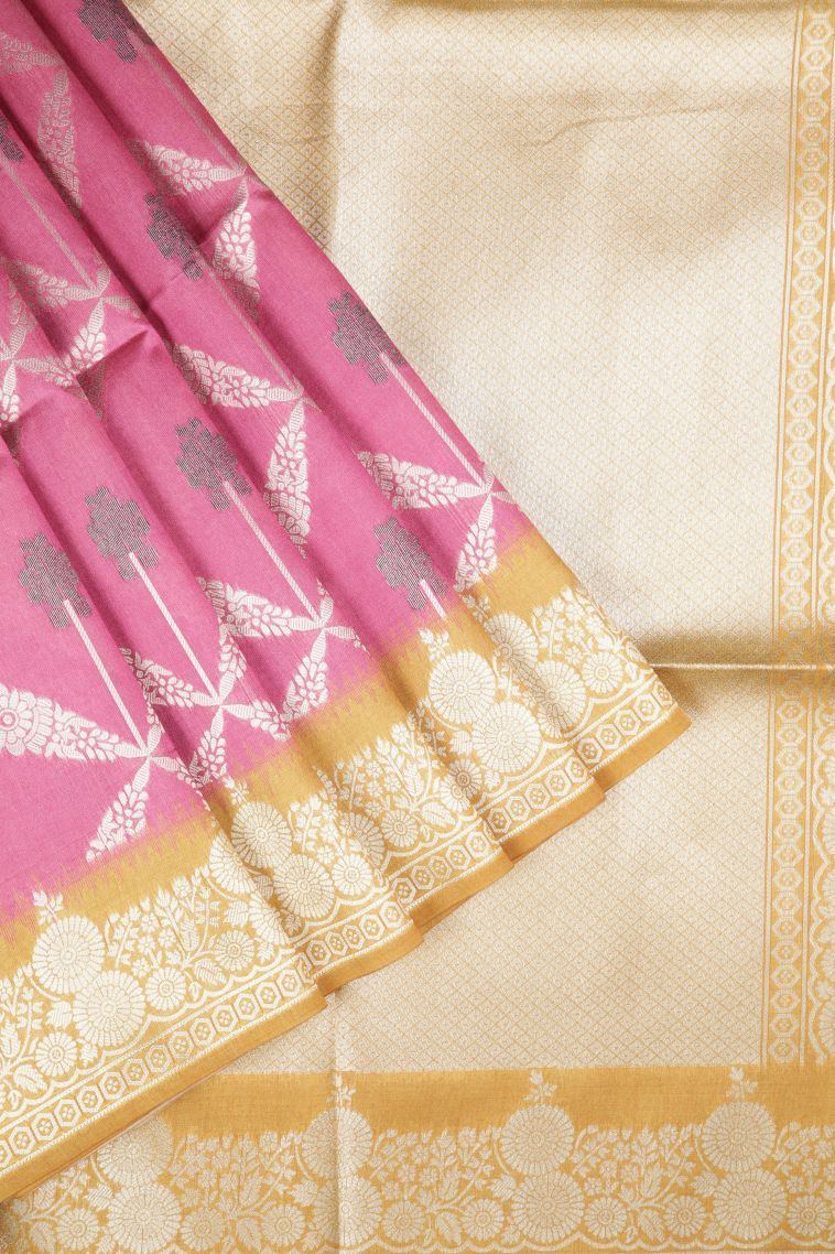 Bubblegum Pink Tussar Saree with Silver Zari Floral Patterns view 1