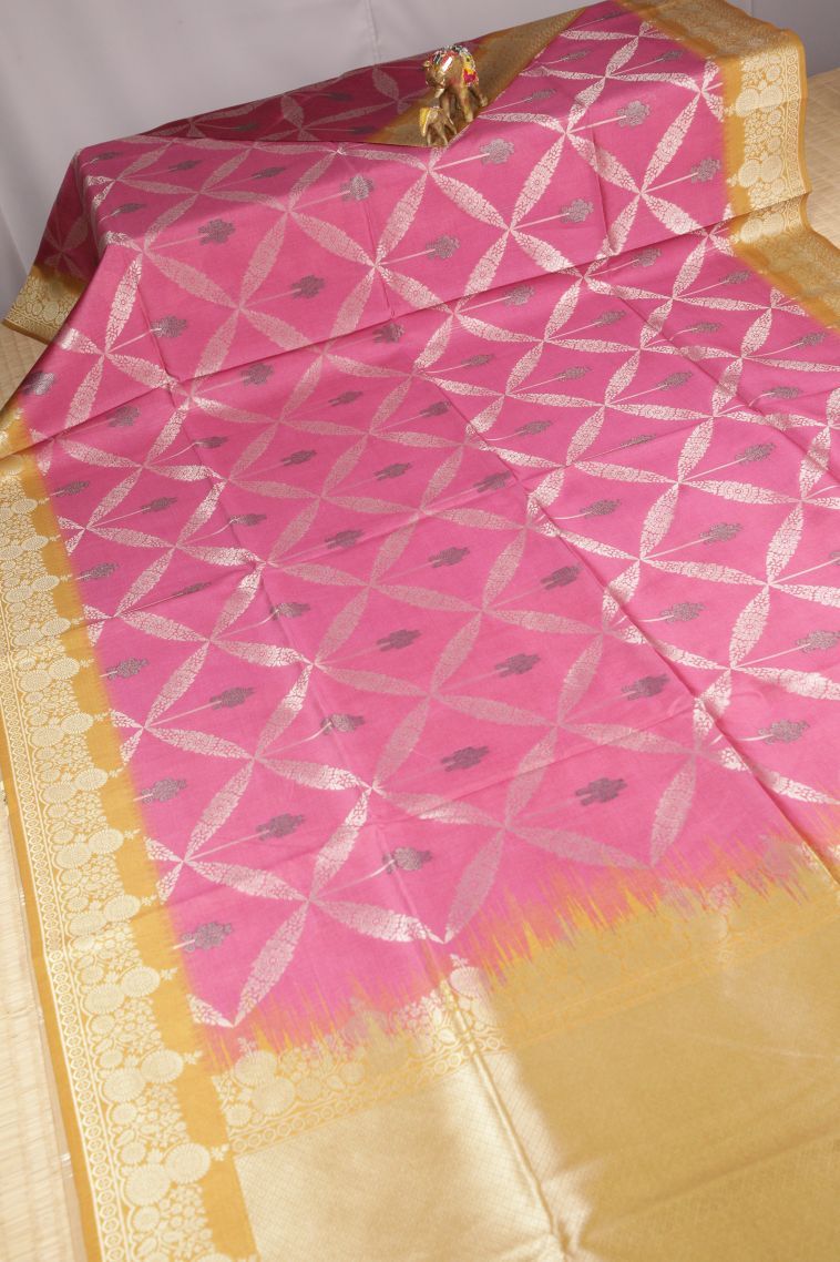Bubblegum Pink Tussar Saree with Silver Zari Floral Patterns view 2