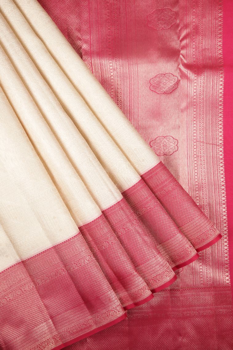 Cream White Kanchipuram Silk Sarees with Gold Zari Floral Patterns view 1