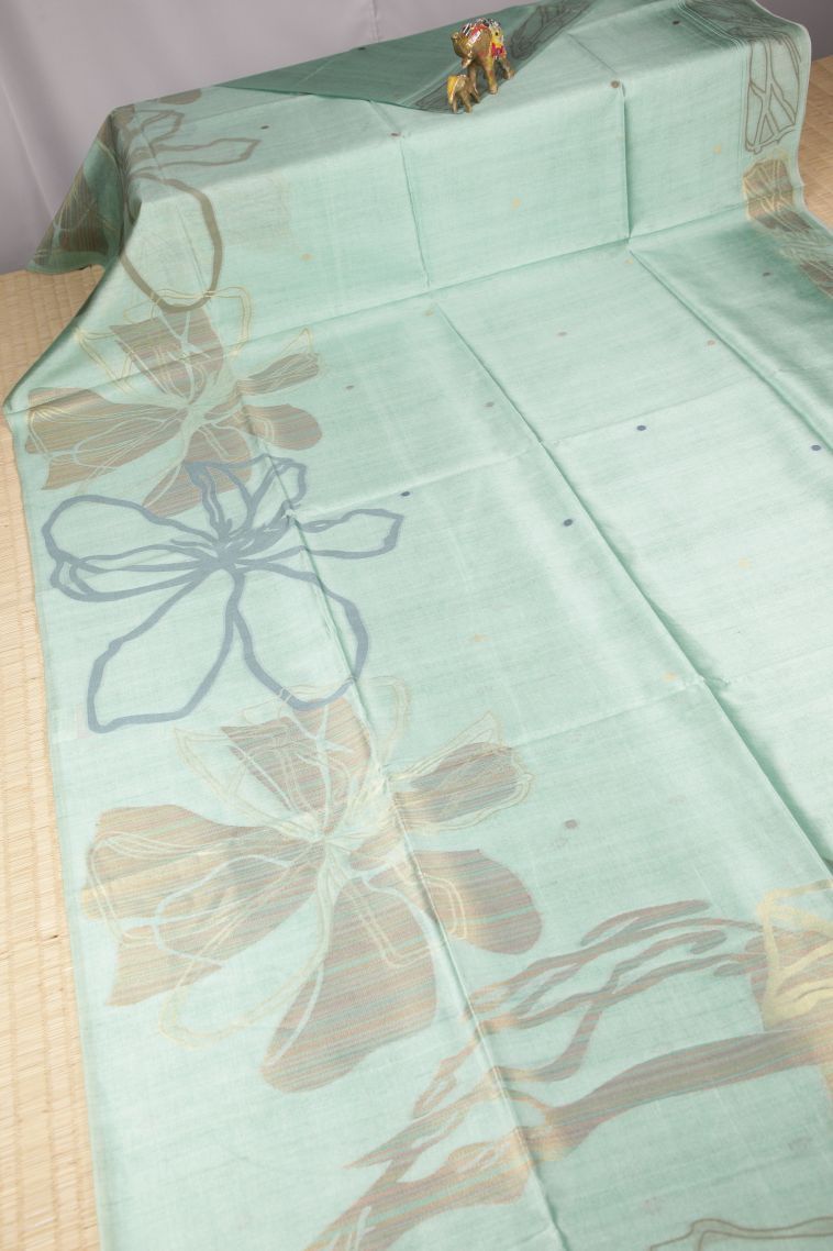 Arctic Blue Tussar Saree with Without Zari Zari Floral Patterns view 2