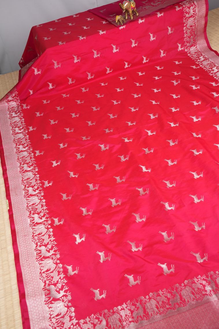 Strawberry Pink Banaras Sarees with Gold Zari Buttis (small Dots Or Motifs) view 2