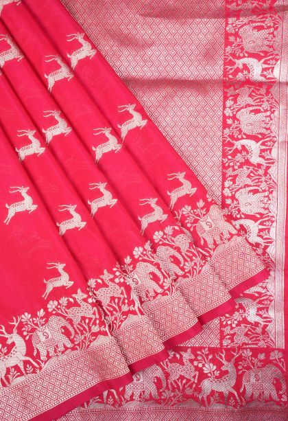 Strawberry Pink Banaras Sarees with Gold Zari Buttis (small Dots Or Motifs)