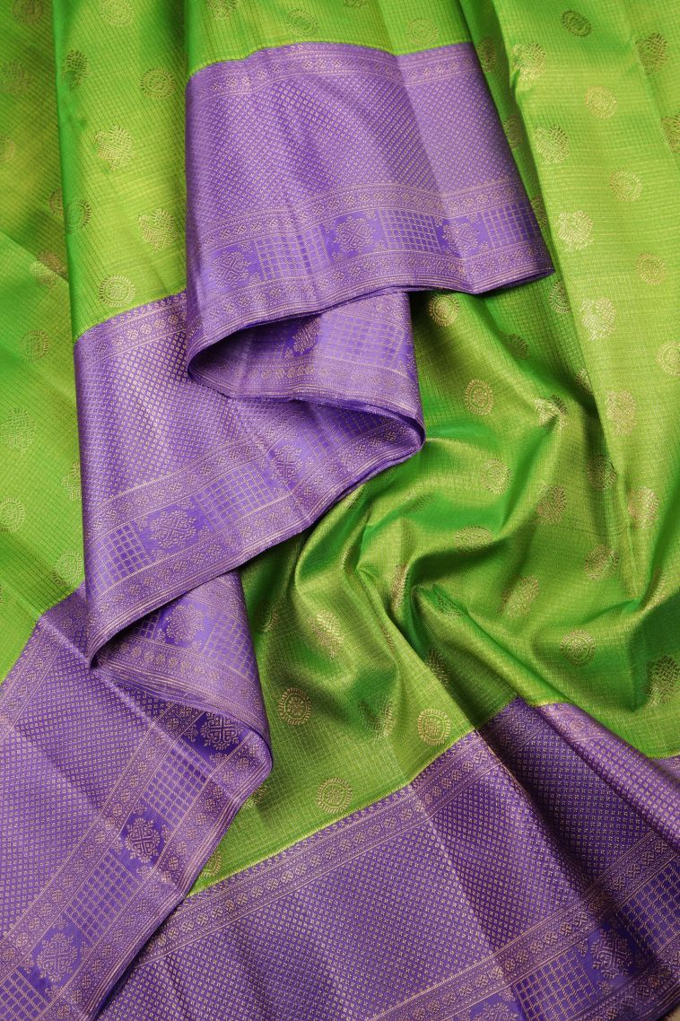Chartreuse Green Kanchipuram Silk Sarees with Gold Zari Peacock Motifs view 4