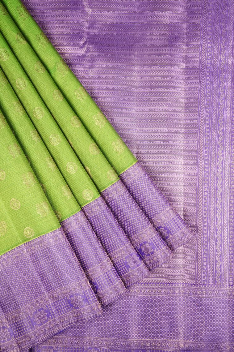 Chartreuse Green Kanchipuram Silk Sarees with Gold Zari Peacock Motifs view 1