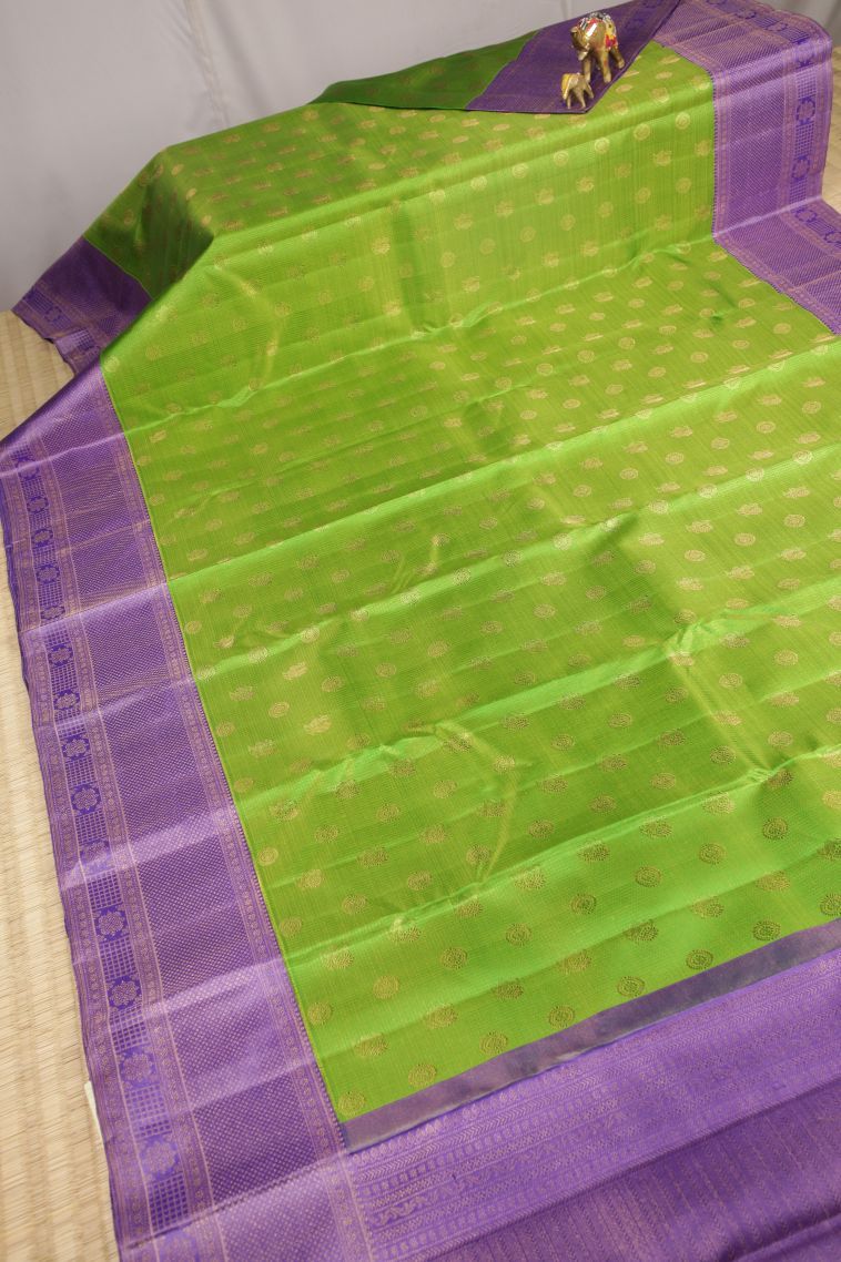 Chartreuse Green Kanchipuram Silk Sarees with Gold Zari Peacock Motifs view 2