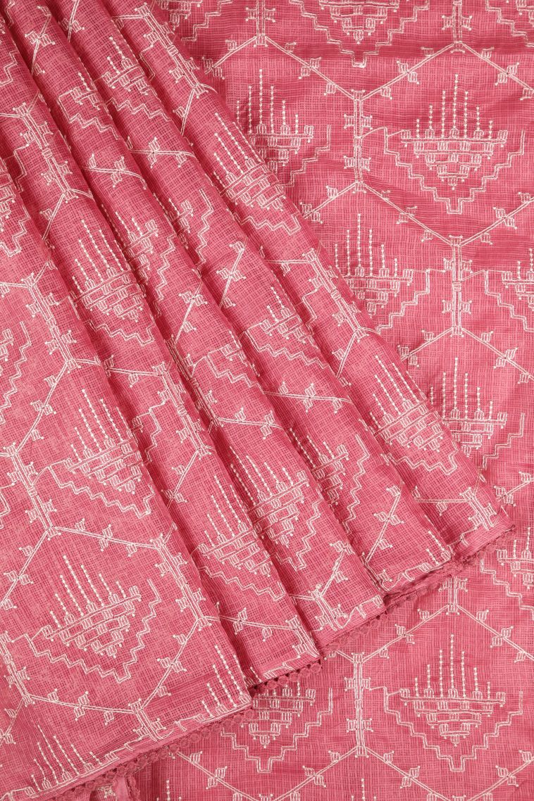 Punch Pink Organza Saree with Without Zari Zari Geometric Shapes view 1