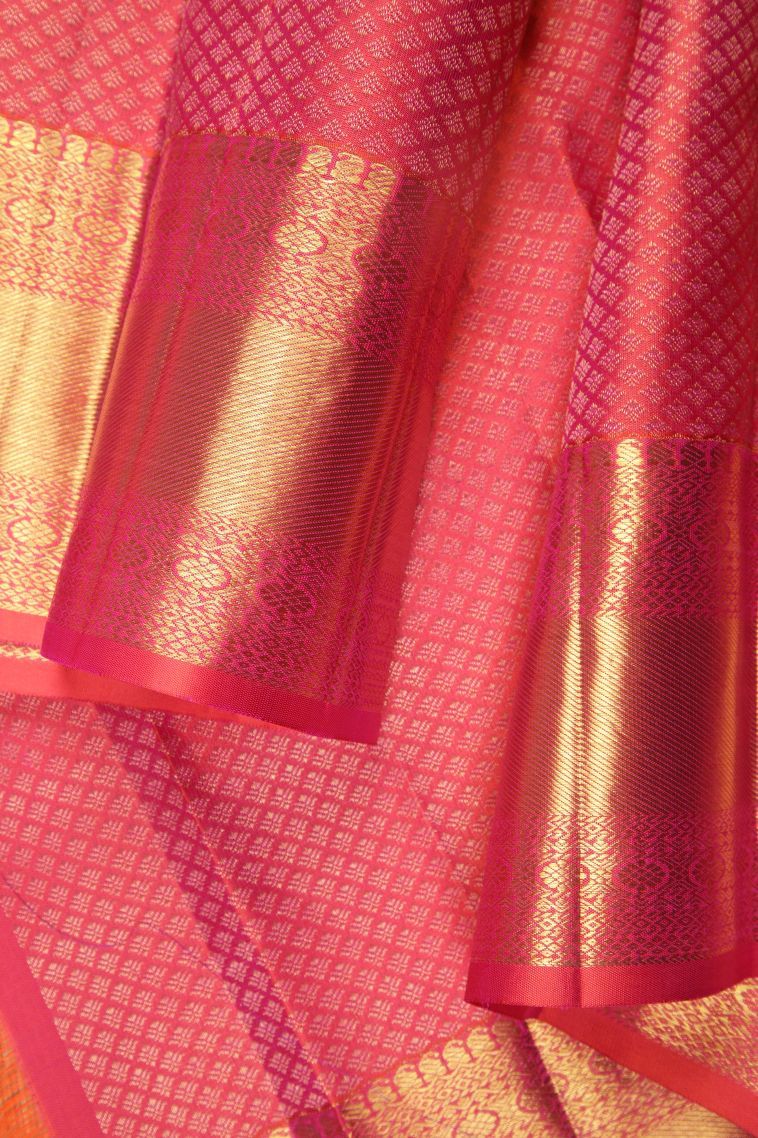 Strawberry Pink Kanchipuram Silk Sarees with Gold Zari Floral Patterns view 3