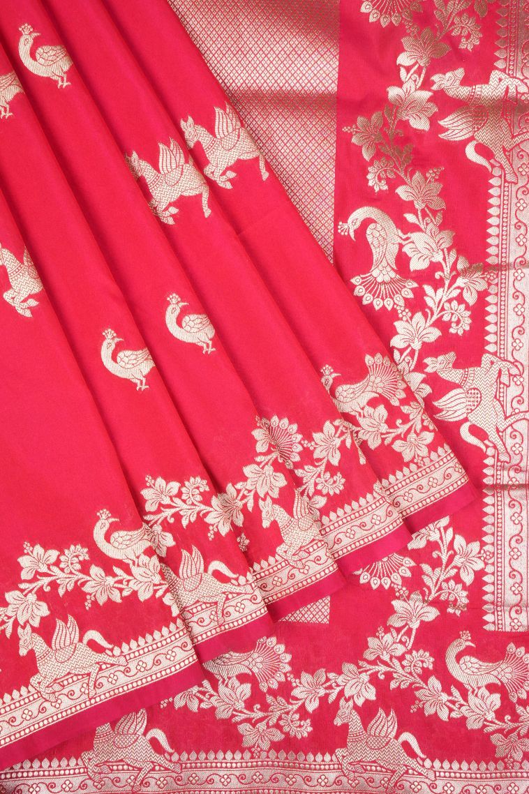Strawberry Pink Banaras Sarees with Gold Zari Buttis (small Dots Or Motifs) view 1