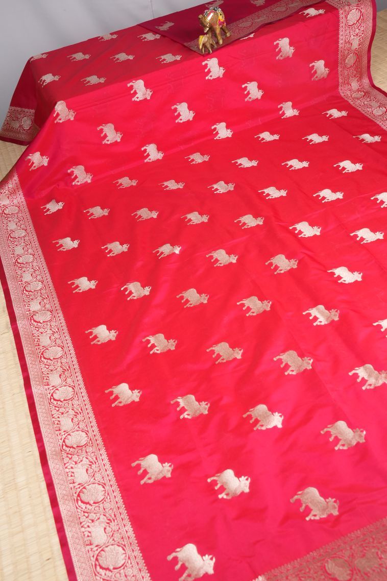 Strawberry Pink Banaras Sarees with Silver Zari Buttis (small Dots Or Motifs) view 2